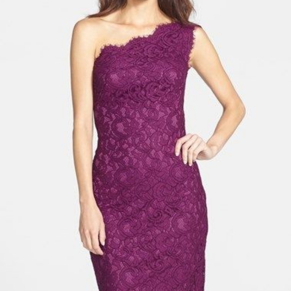 Purple one shoulder lace sheath dress Tadashi Shoj